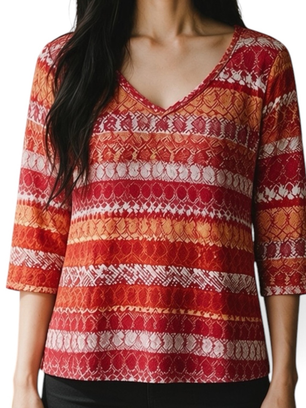 Ruby Rd Vintage Red Orange Striped Long-Sleeve Knit Top SZ M EUC Casual Festive